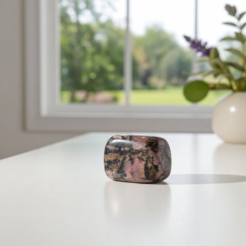 Rhodonite tumbled stone crystal for meditation, emotional healing, and everyday energy work.