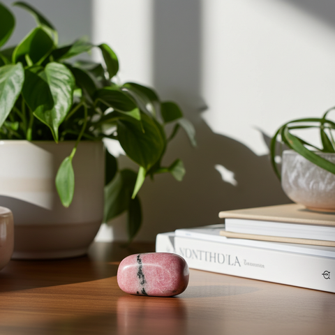 Rhodonite tumbled stone crystal for meditation, emotional balance, and everyday crystal use.