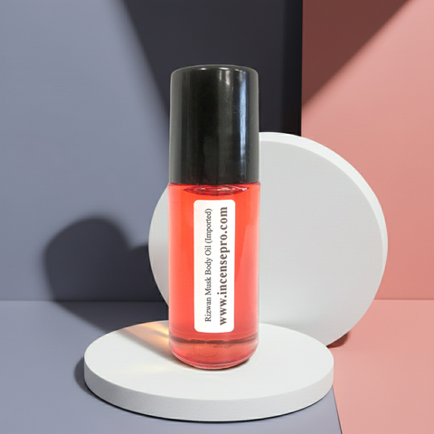 Rizwan imported musk body oil bottle for skin nourishment, personal fragrance, and everyday body care.