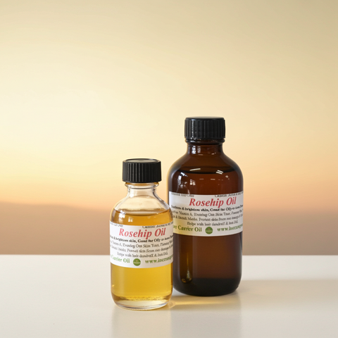 Bottle of rosehip carrier oil for natural skincare and facial use.