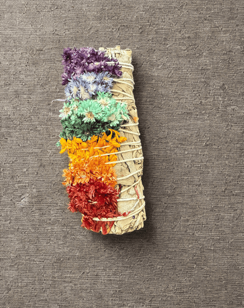 Sage with 7 Chakra flowers herbal bundle for spiritual cleansing, blessing rituals, and sacred space use.