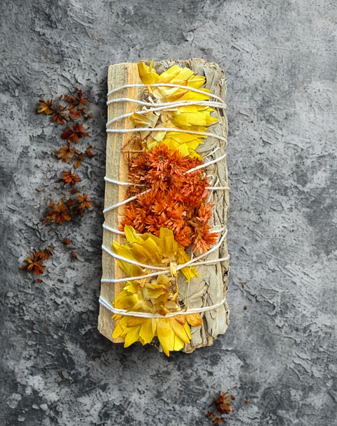 Sage with PaloSanto in Yellow herb bundle for spiritual cleansing, home blessing, and ceremonial practice.