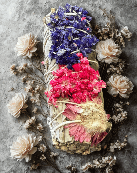 Sage with Pink & Purple herbal bundle for ritual cleansing, blessing ceremonies, and sacred space use.