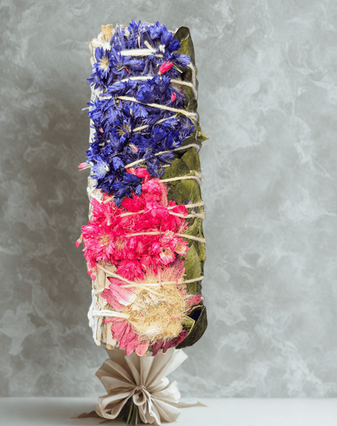Sage with Pink & Purple smudging herb bundle for energy cleansing, meditation, and ritual use.