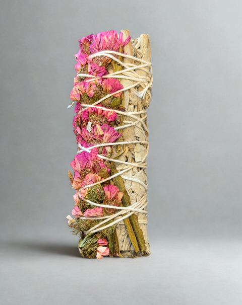 Sage with Pink Beauty herbal bundle for ritual cleansing, blessing ceremonies, and sacred space use.
