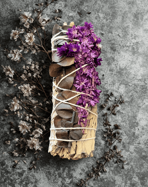 Sage with Purple Beauty herbal bundle for ritual cleansing, blessing ceremonies, and sacred space use.