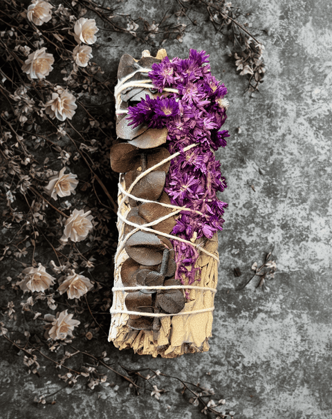 Sage with Purple Beauty herbal smudge stick for ritual cleansing, prayer, and spiritual purification.