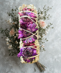Sage with purple flowers herbal bundle for ritual cleansing, blessing ceremonies, and sacred space use.