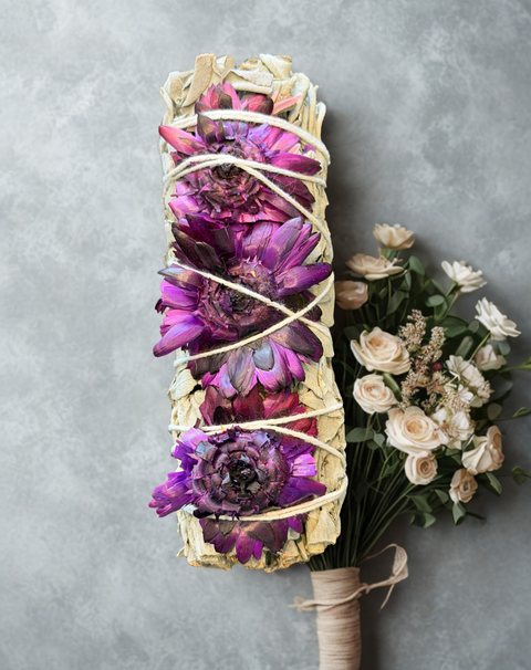 Sage with purple flowers smudging herb bundle for energy cleansing, meditation, and ritual use.