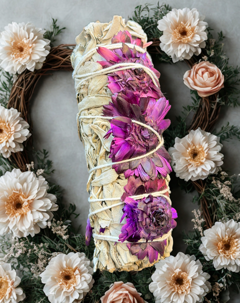 Sage with purple flowers herb bundle for spiritual cleansing, ritual use, and home energy clearing.