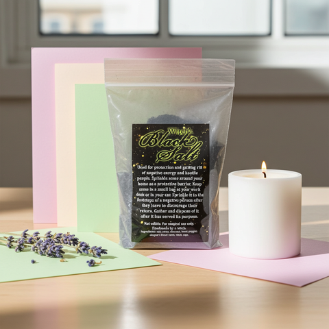 Premium sal negra with deep dark color and coarse mineral salt texture.