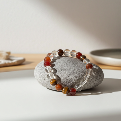 Sanctuary Tiger’s Eye, Carnelian, and Clear Quartz crystal bead bracelet for grounding, confidence, and everyday spiritual jewelry use.