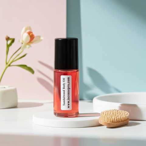 Sandalwood Body Oil unisex oil bottle for nourishing skin, post-shower moisture, and all-day body care.