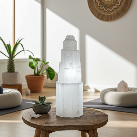 White Selenite tower lamp crystal tower light for meditation spaces, calming ambiance, and spiritual use.