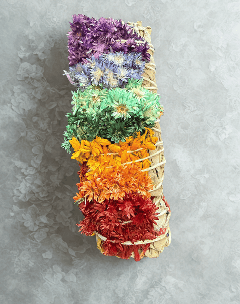 Sage with 7 Chakra flowers smudge bundle for energy cleansing, meditation practice, and chakra work.