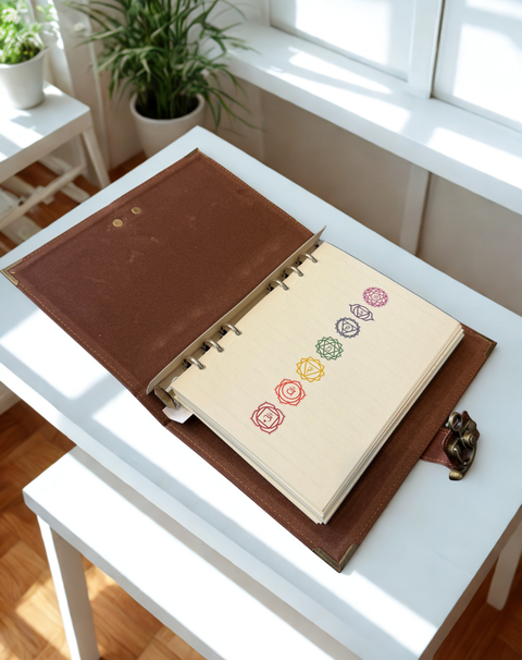 Journal with 7 chakra writing journal for mindfulness practice, intention setting, and personal reflection.
