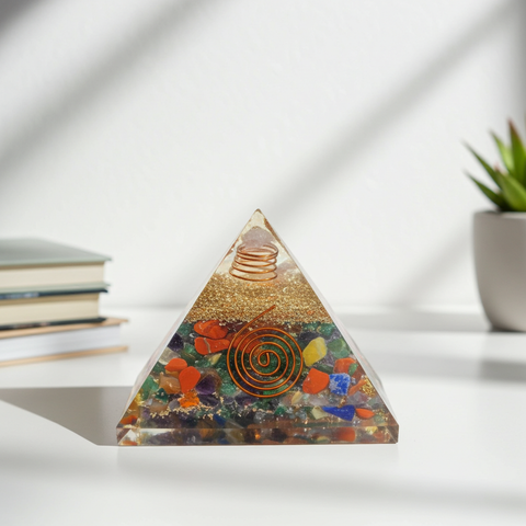 Seven chakra orgonite pyramid featuring vibrant chakra crystals
