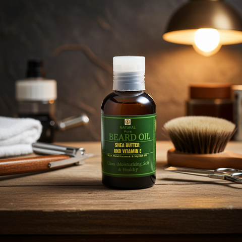 Shea butter and vitamin E beard oil designed to moisturize and condition beards.