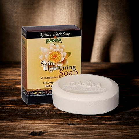 Skin lightening soap bar designed to help promote a more even-looking skin tone.