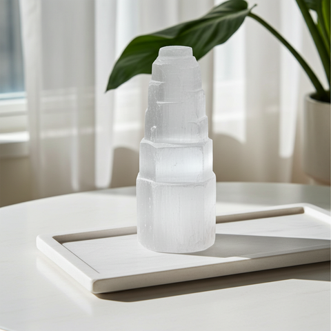 Small White Selenite crystal tower for chakra cleansing, altar display, and daily spiritual practice.