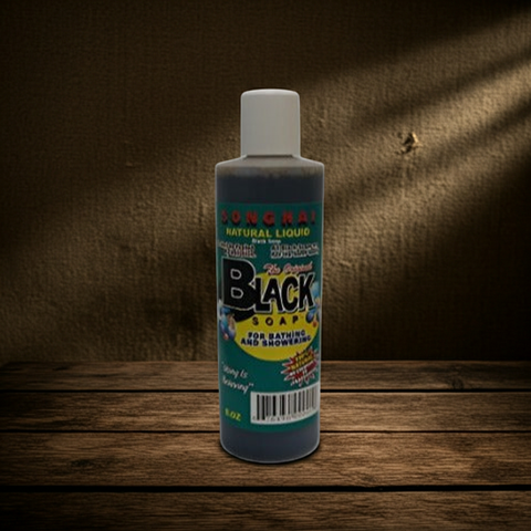 Songhai natural black soap body wash halal skincare product for refreshed and clean skin.
