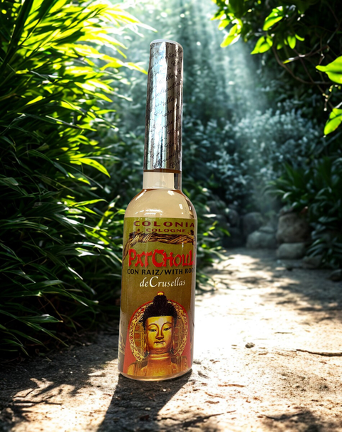 Patchouli Root Spiritual Water Cologne in a clear bottle used for ritual and spiritual practices.