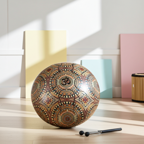 Steel drum with drumsticks suitable for music practice and relaxation sessions.