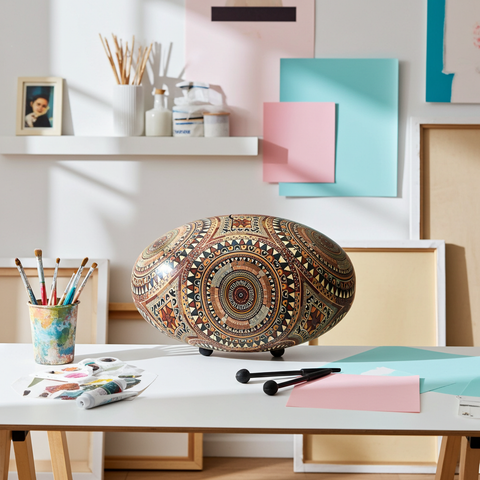 Steel tongue drum with two drumsticks positioned next to the instrument.