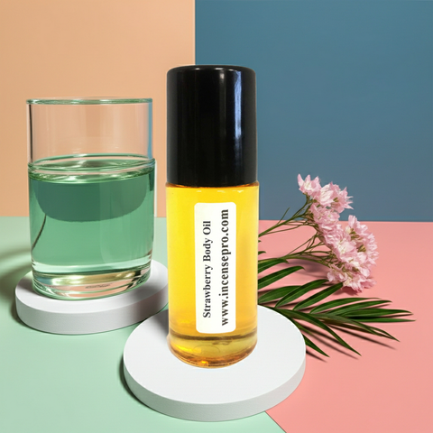 Strawberry Body Oil unisex scented body oil bottle for nourishing skin and adding a sweet fruity body fragrance.