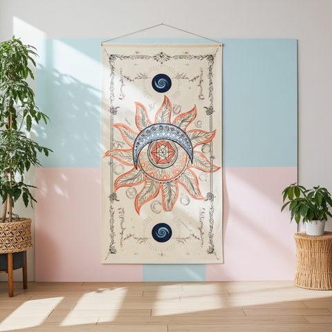 Bohemian sun and moon mandala tapestry used as a stylish room accent.