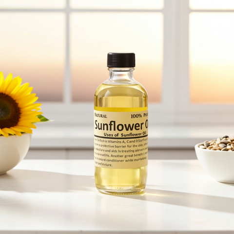 Bottle of sunflower carrier oil for natural skincare and massage use.