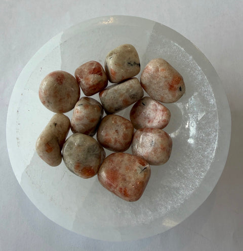 Sunstone Tumbled Stones — natural orange and copper flecked crystals for Sacral Chakra and positive energy.