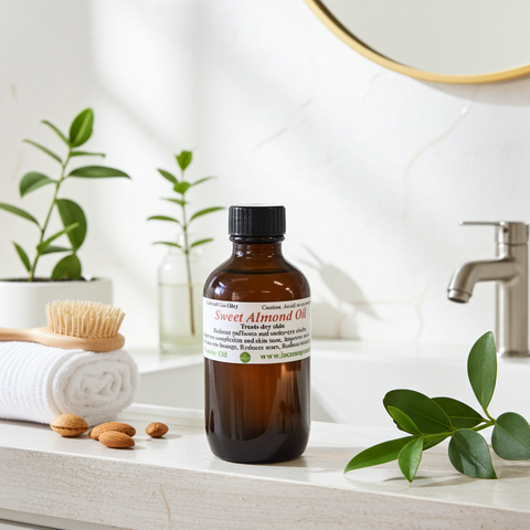 Sweet almond carrier oil presented in a clean product setting.
