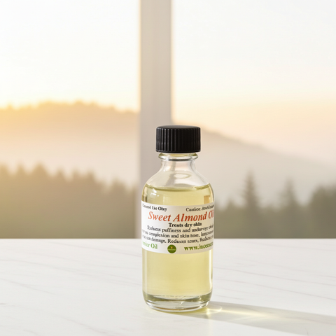 Sweet almond oil commonly used for moisturizing skin and nourishing hair.