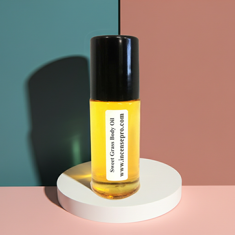 Sweet Grass scented body oil bottle for nourishing skin and everyday unisex fragrance use.