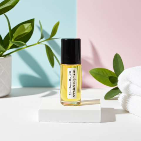 Sweet Grass unisex body oil bottle for softening skin and adding a fresh daily scent.