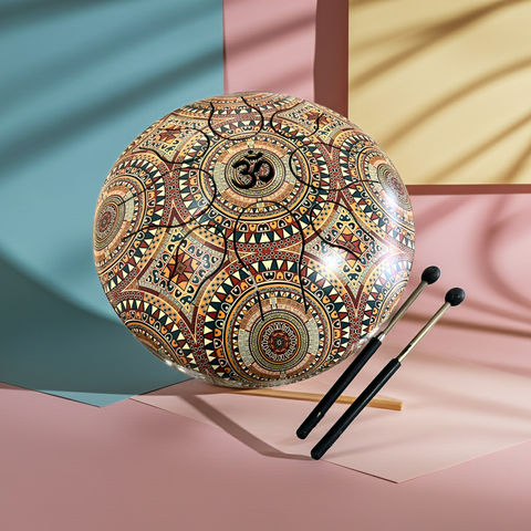 Tank drum percussion set including a metal drum and a pair of drumsticks.