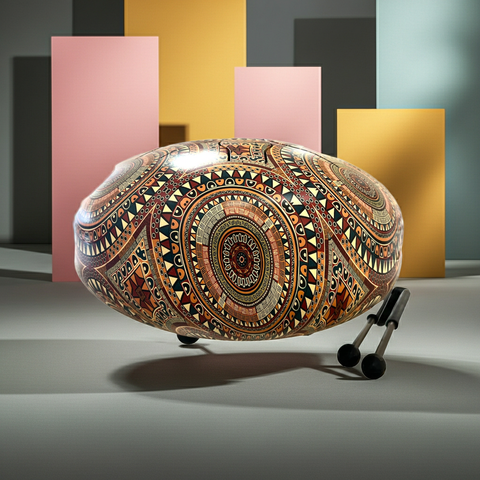 Steel tank drum with a pair of drumsticks placed beside it on a clean background.