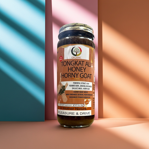 Jar of Tongkat Ali Honey Horny goat with a colorful background