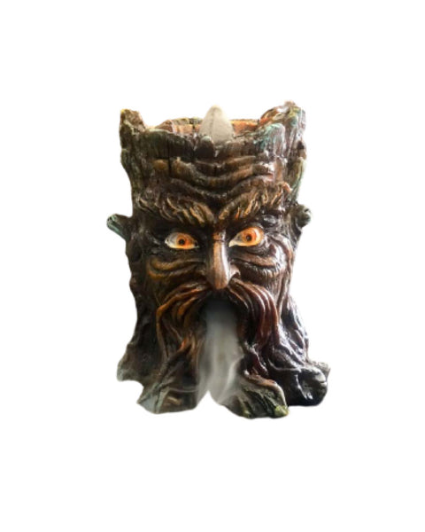 Tree Stump backflow incense burner with earthy bark and moss texture forest floor mist display