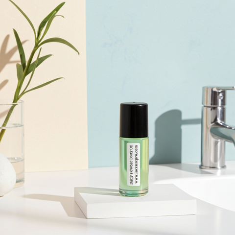 Unisex Baby Powder Body Oil bottle for daily skin hydration, smooth body care, and lightweight moisture.