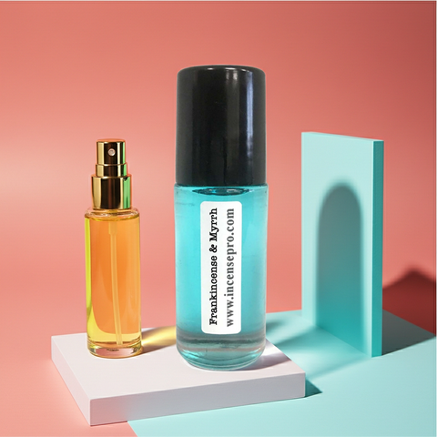 Unisex Frankincense & Myrrh body oil bottle for nourishing dry skin and adding a warm aromatic scent.