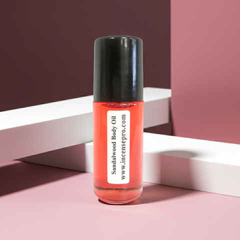 Unisex Sandalwood Body Oil bottle for hydrating skin, softening dry areas, and everyday scent use.