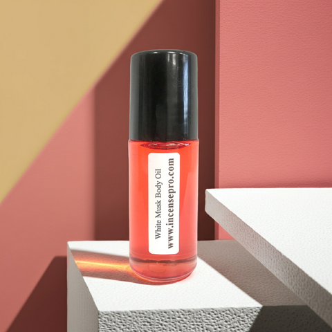 Unisex White Musk body oil bottle for moisturizing skin, all-day fragrance, and everyday scent use.