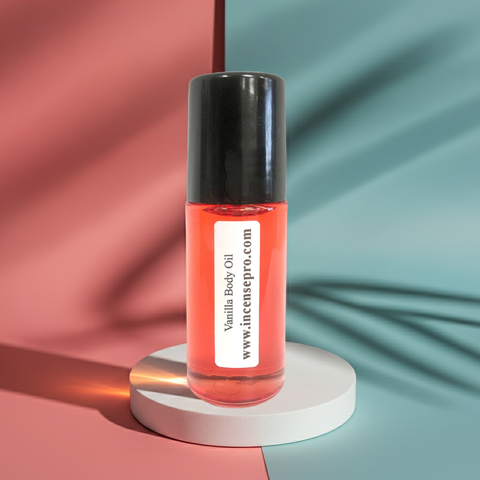 Vanilla Body Oil scented body oil bottle for nourishing skin, adding softness, and leaving a warm vanilla scent.
