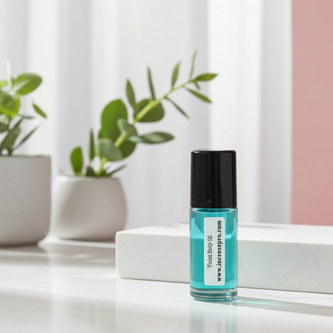 Violet body oil bottle for moisturizing skin, softening dry areas, and daily body care.