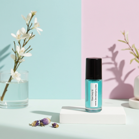 Violet scented body oil bottle for hydrating skin, adding a floral fragrance, and everyday moisturizing use.