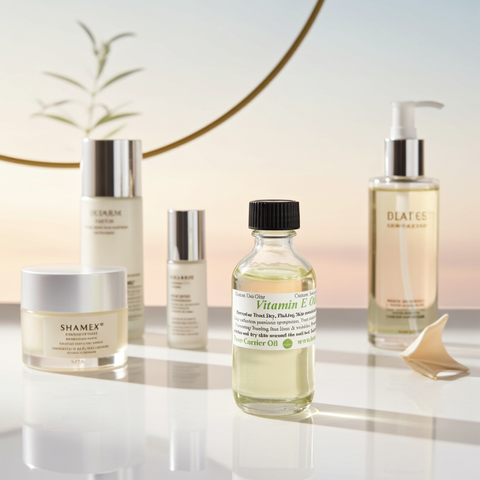 Vitamin E oil skincare product displayed in a clean setting