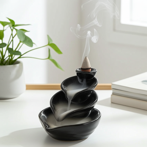 Leaf-shaped waterfall backflow incense burner for a calming aromatic display