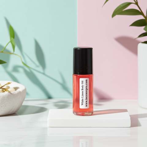 White Linen unisex body oil bottle for hydrating skin, adding a clean scent, and everyday body care use.